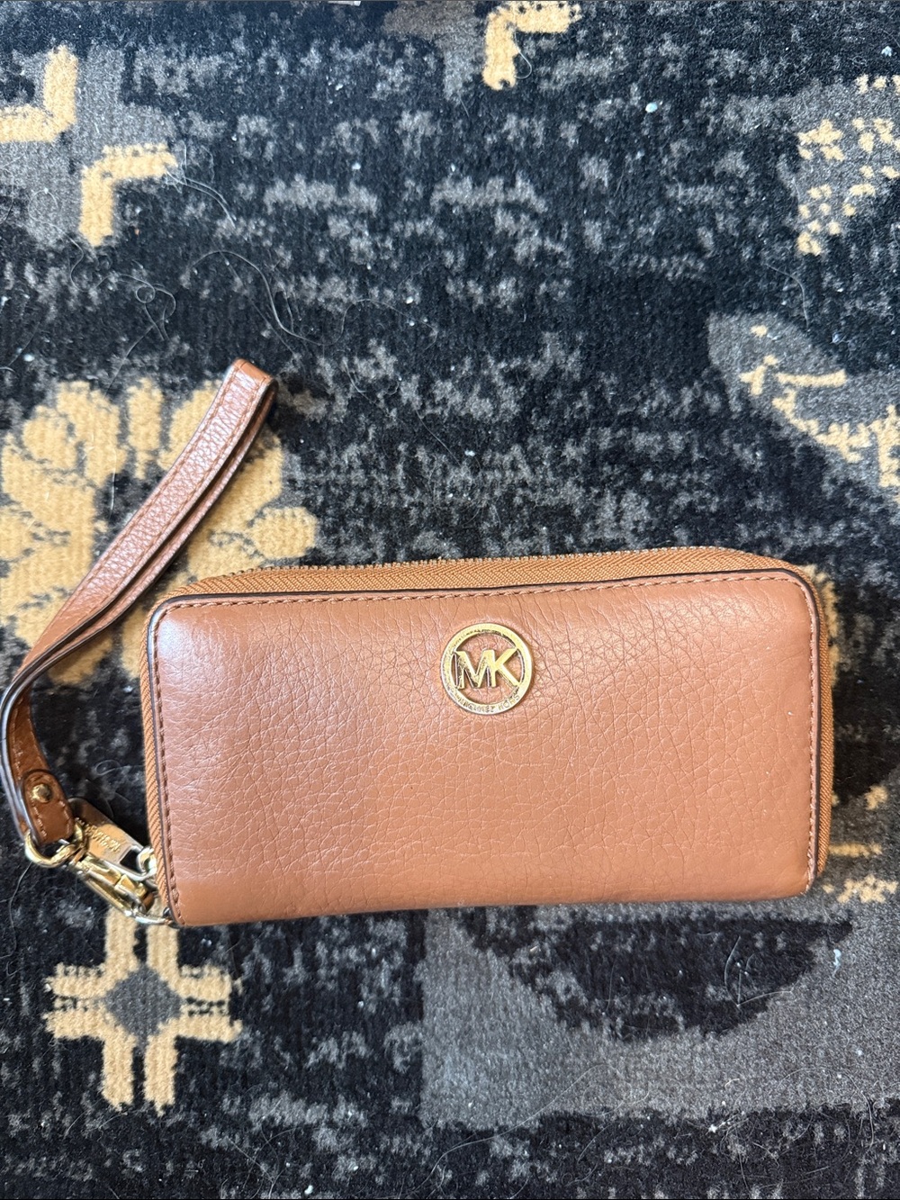 Michael Kors Tan Pebbled Leather Wristlet Wallet with Gold MK Logo